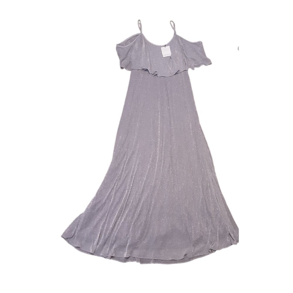 Calvin Klein Spaghetti Strap Metallic Evening Gown W/ Overlay Draped Bodice 14 - Picture 6 of 13